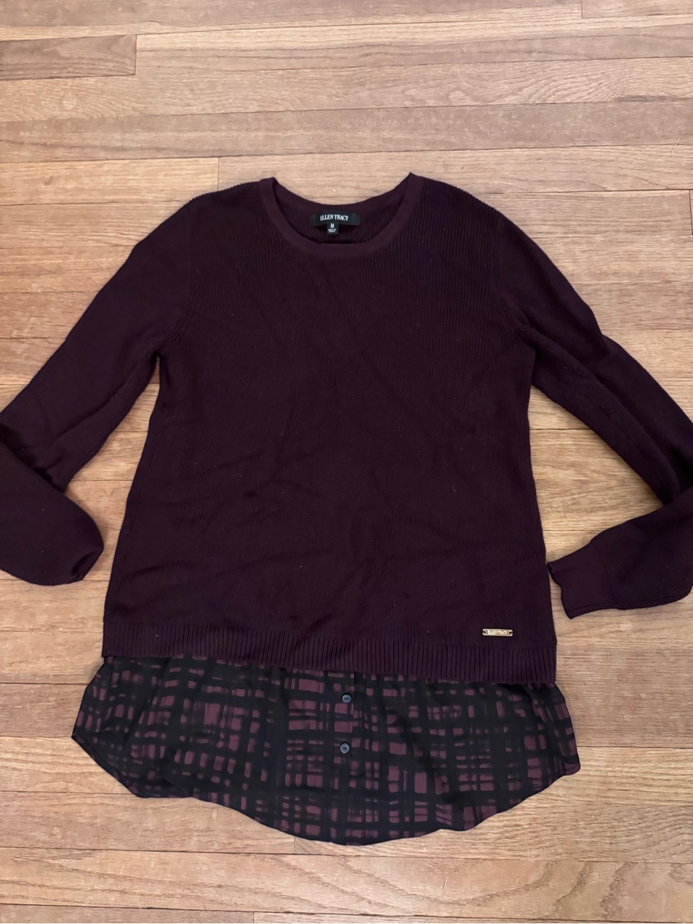 Ellen Tracy Women's Purple Black Plaid Layered Long Sleeve Ribbed Top Sz M
b86